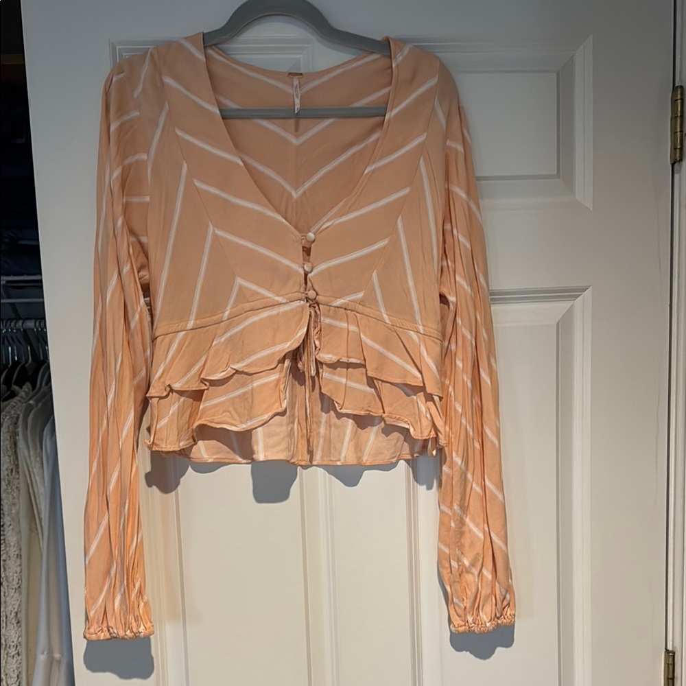 Free People Orange Pink Ruffled Crop Blouse